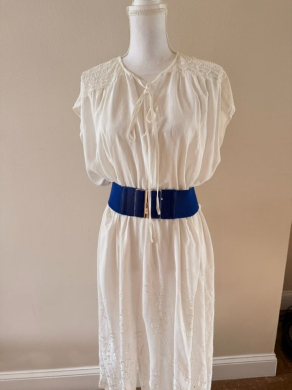 Ivory Embroidered Lace Midi Dress Adjustable Waist Lined Boho Romantic